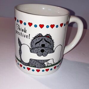Think Positive Mug - White and Red with Puppy, Bone, Hearts‎ and Flower